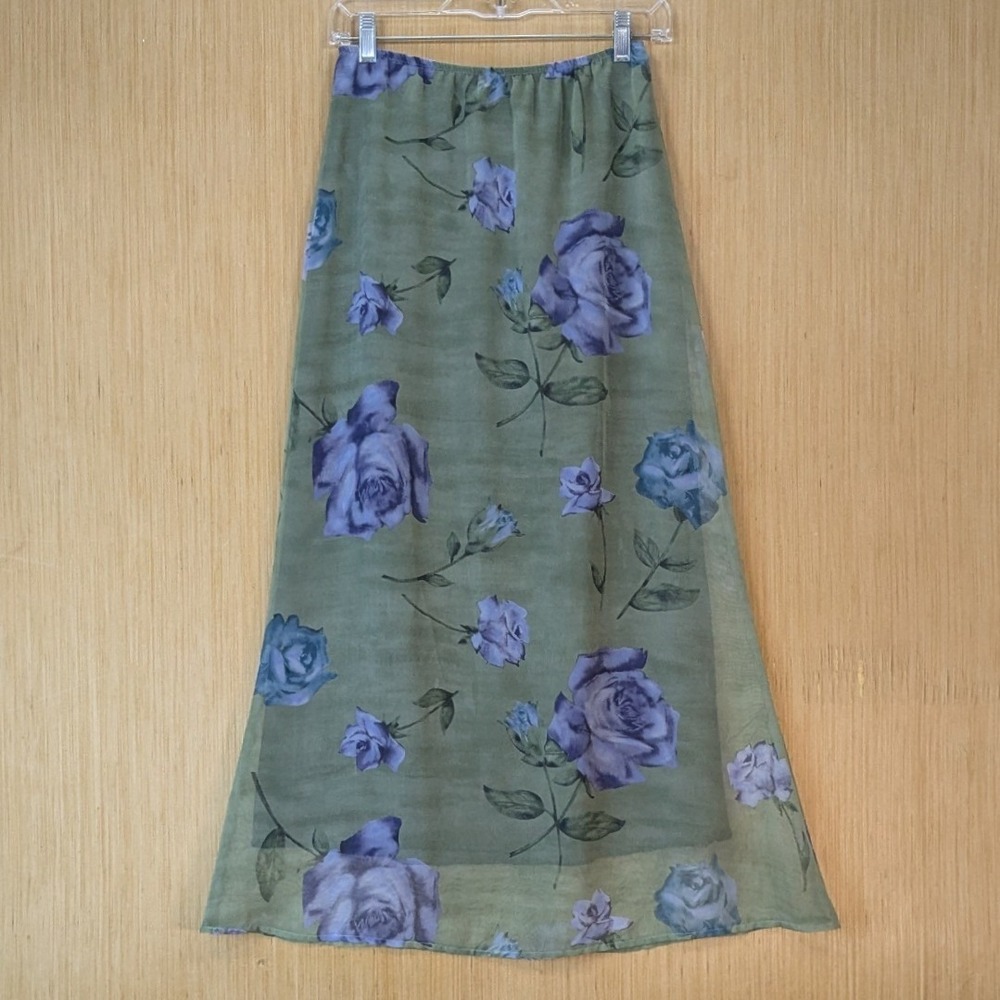 Womens Vintage 90s‎ Boho Fairy Grunge Green Rose Floral Mesh Maxi Skirt Small